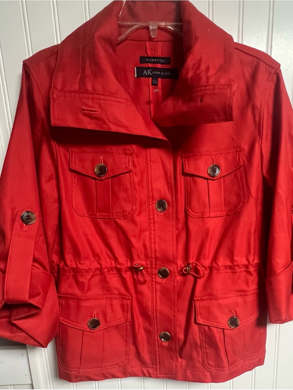 Anne Klein Red Stretch Jacket Sz Large Cargo Pockets Elastic Waist Cotton Blend